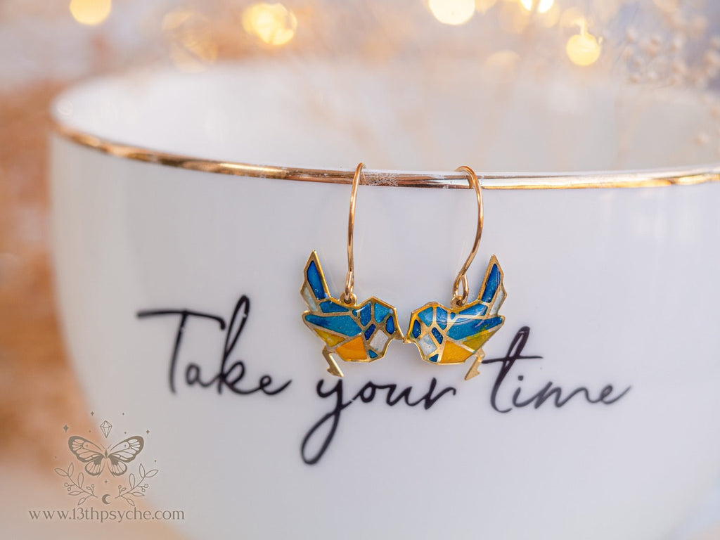 Handmade Stained glass inspired tiny blue bird earrings - 13th Psyche