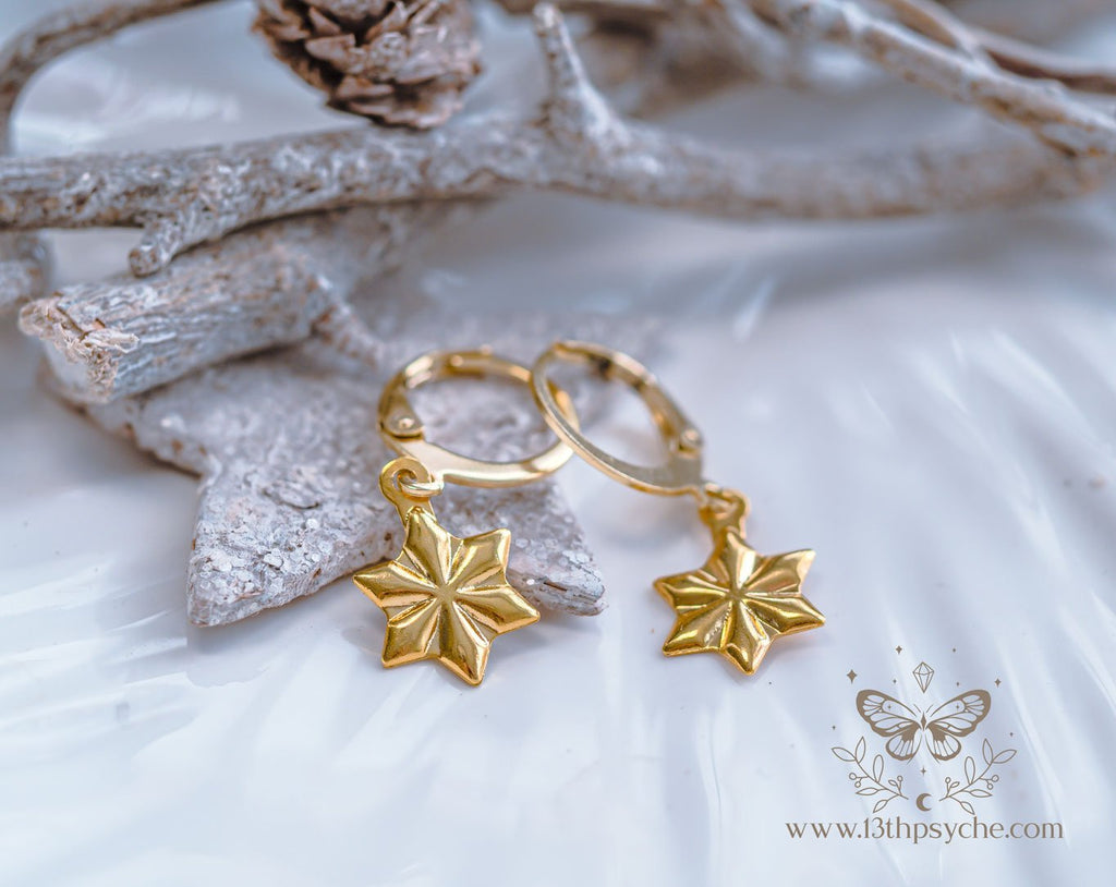 Handmade Stainless steel snowflake gold huggie hoop earrings - 13th Psyche