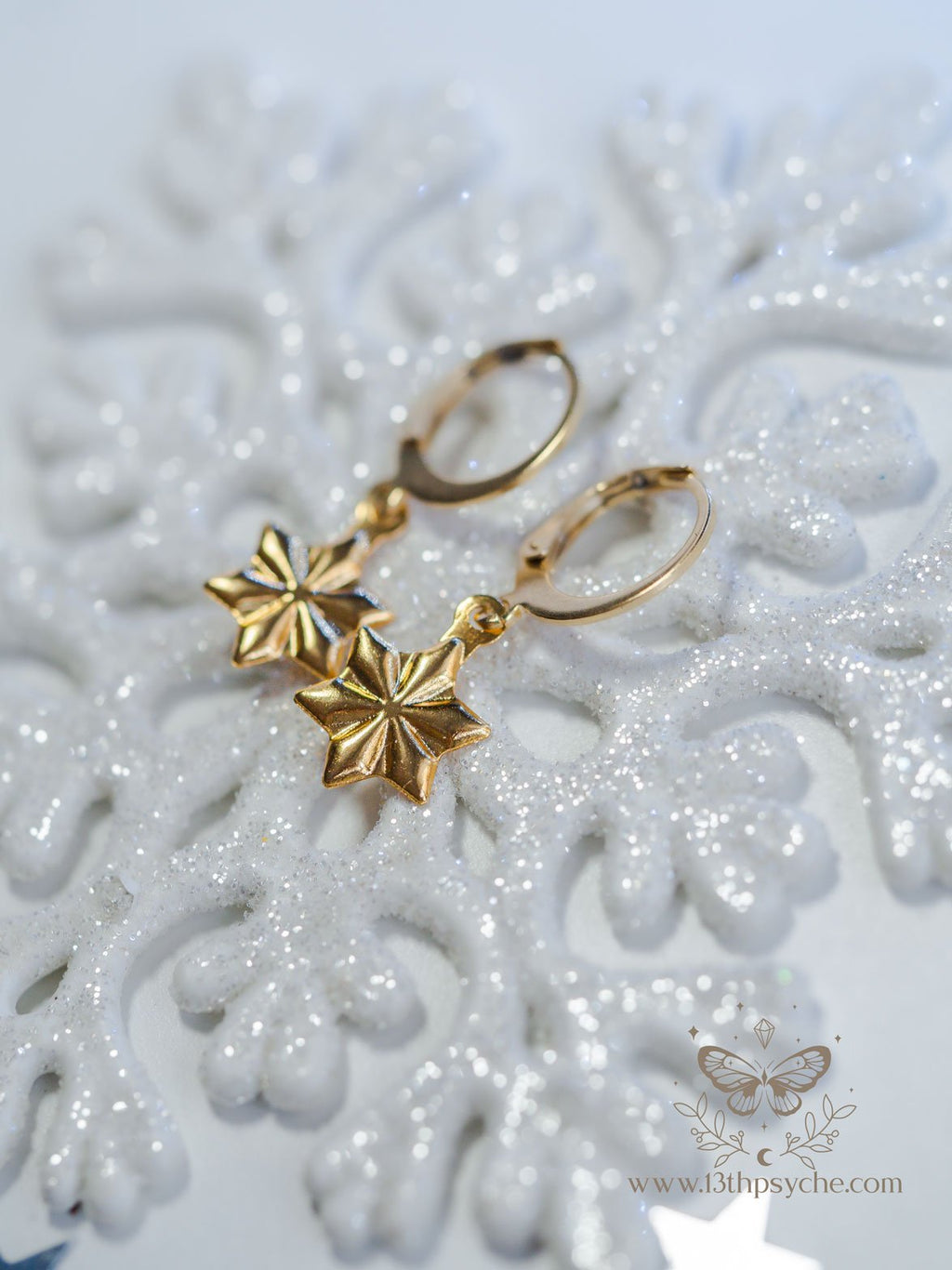 Handmade Stainless steel snowflake gold huggie hoop earrings - 13th Psyche