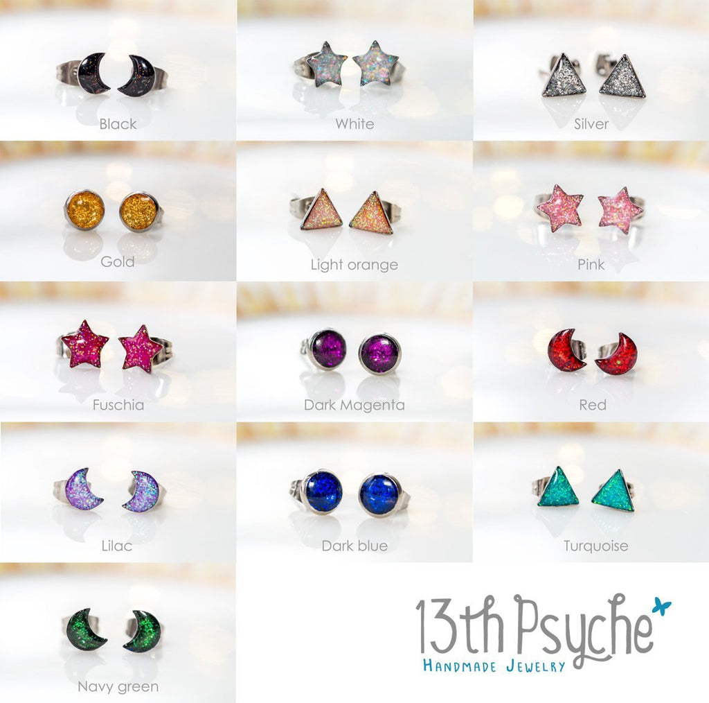 Handmade Glitter crescent moon stud earrings, Stainless steel - 13th Psyche