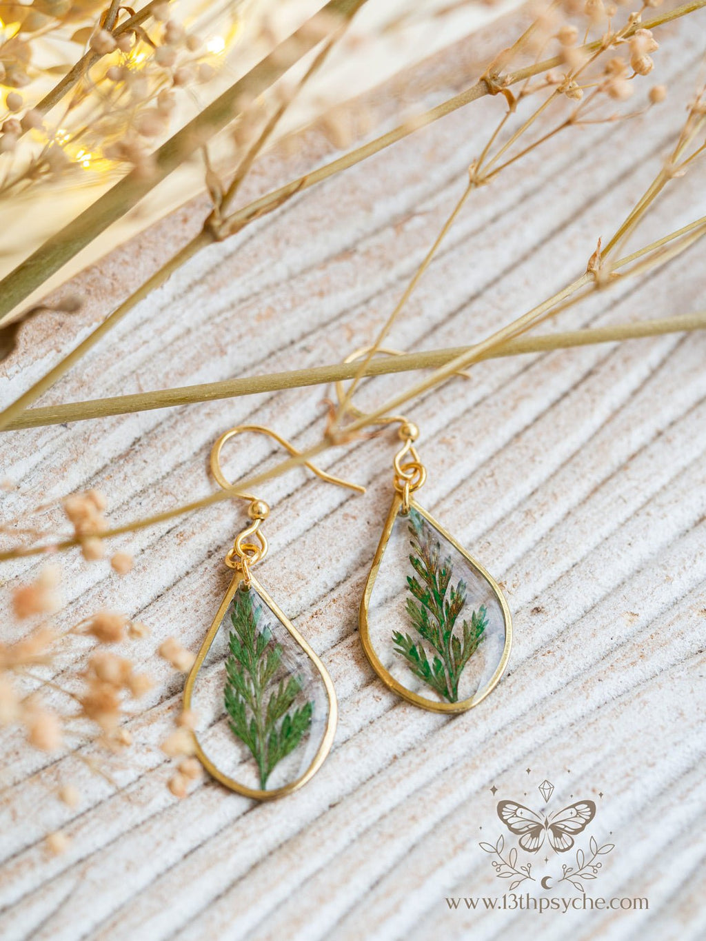 Handmade Teardrop shape earrings with Real fern leaves - 13th Psyche