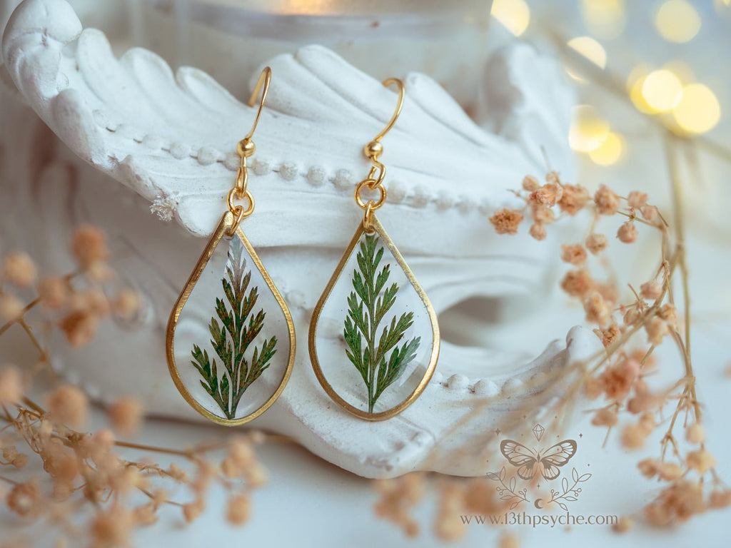Handmade Teardrop shape earrings with Real fern leaves - 13th Psyche