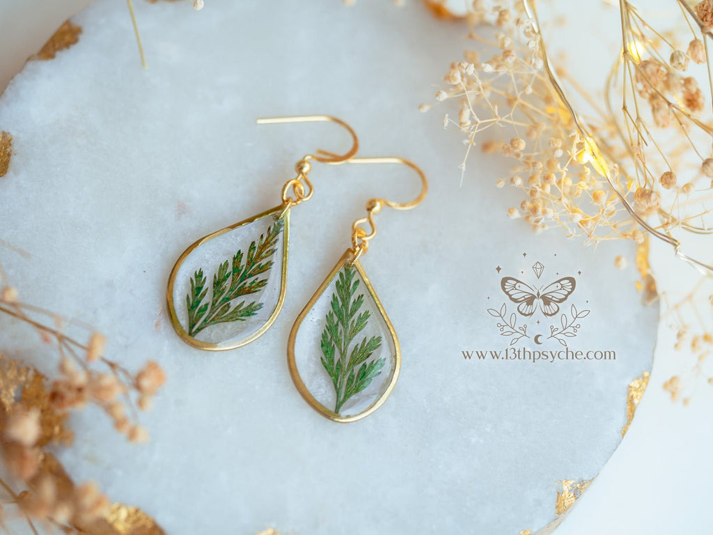 Handmade Teardrop shape earrings with Real fern leaves - 13th Psyche