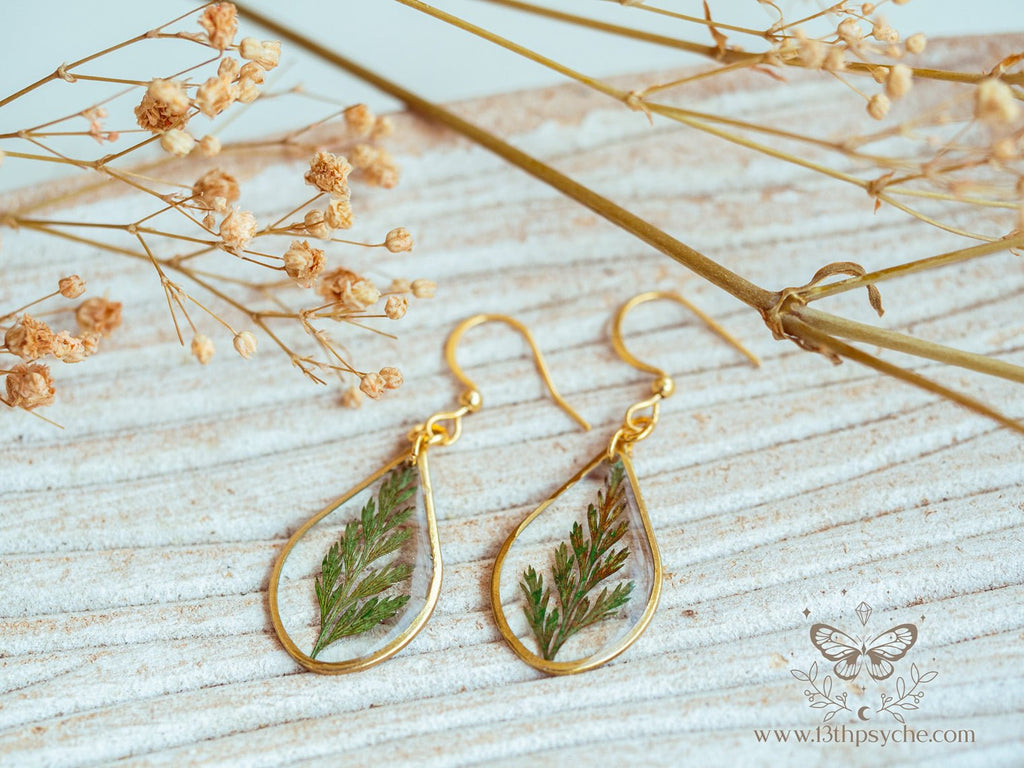 Handmade Teardrop shape earrings with Real fern leaves - 13th Psyche