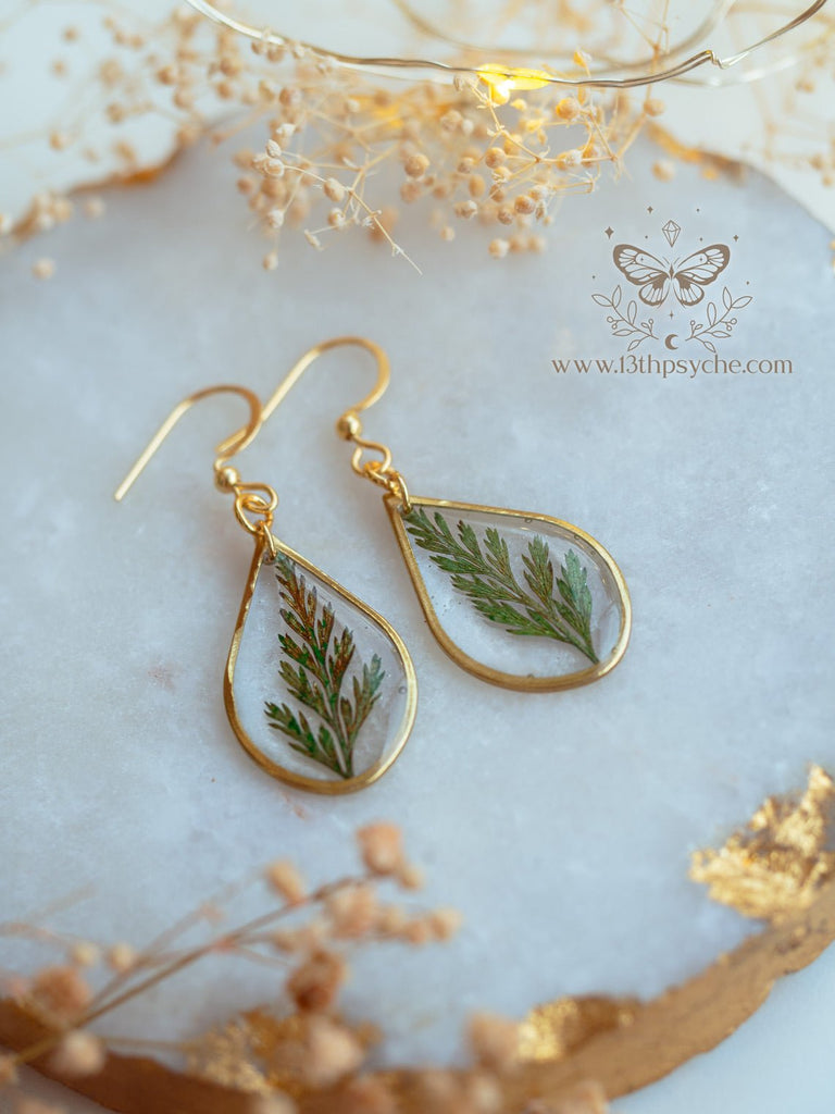 Handmade Teardrop shape earrings with Real fern leaves - 13th Psyche