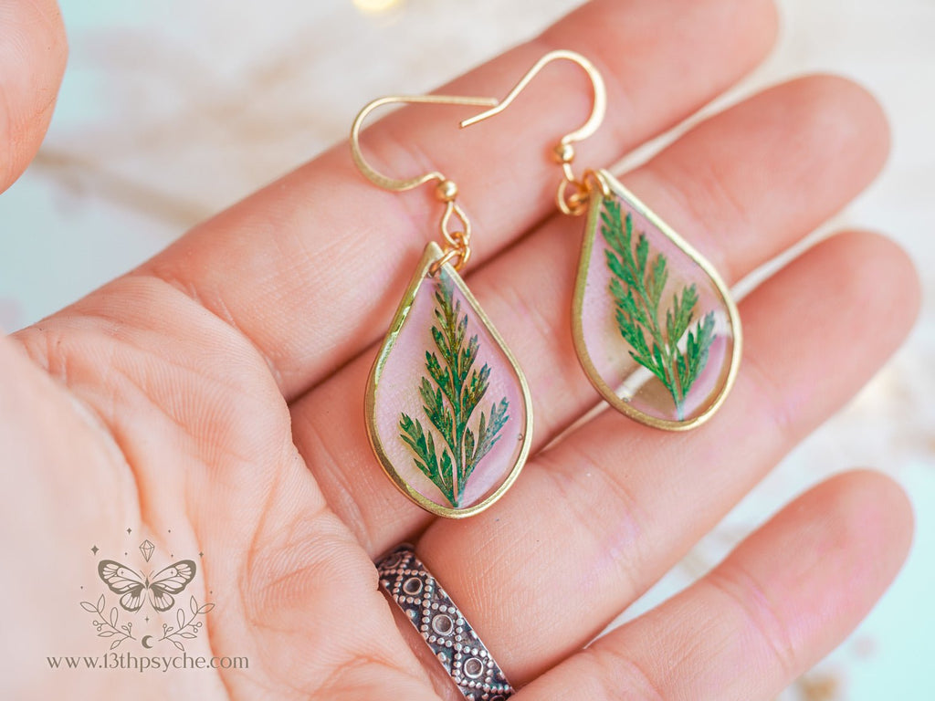Handmade Teardrop shape earrings with Real fern leaves - 13th Psyche
