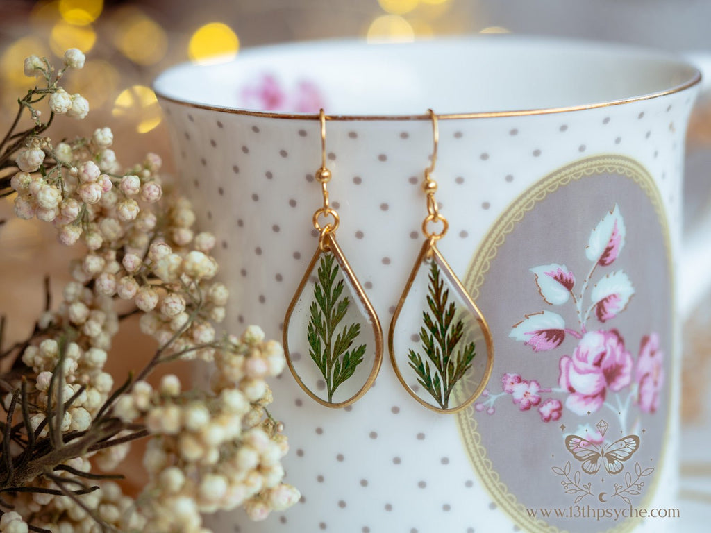 Handmade Teardrop shape earrings with Real fern leaves - 13th Psyche