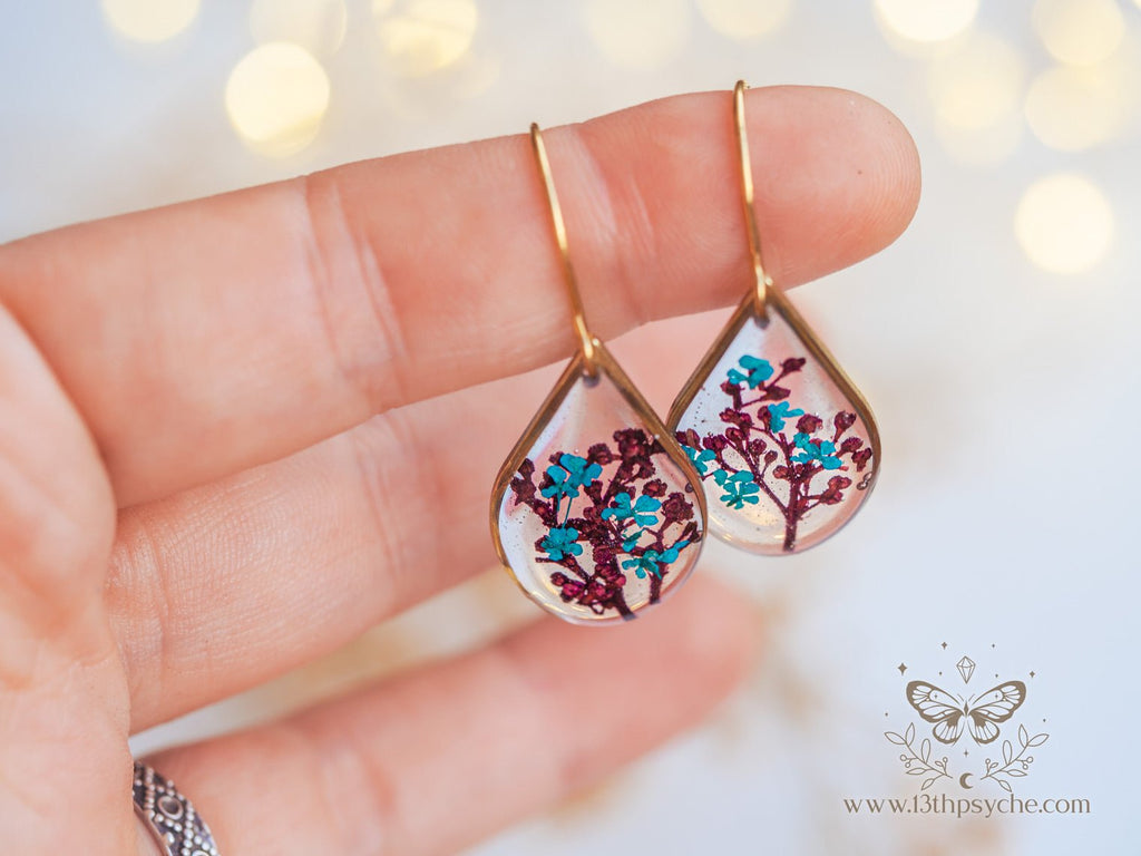 Handmade Teardrop shape earrings with Real pressed red and blue flowers - 13th Psyche