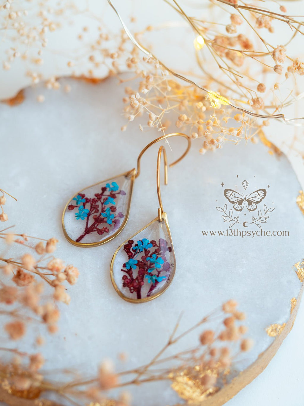Handmade Teardrop shape earrings with Real pressed red and blue flowers - 13th Psyche