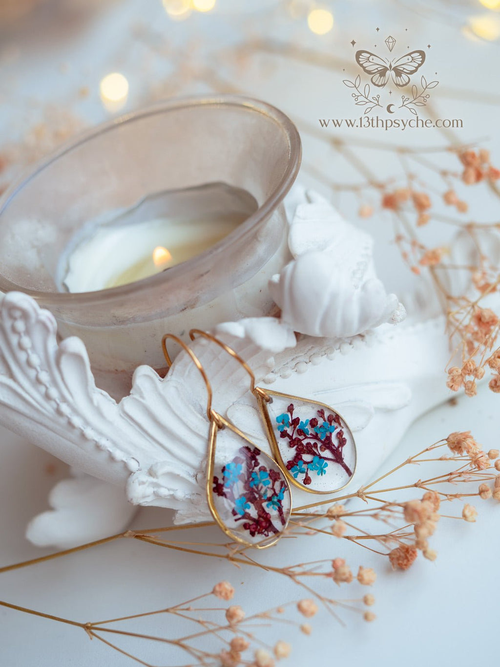 Handmade Teardrop shape earrings with Real pressed red and blue flowers - 13th Psyche