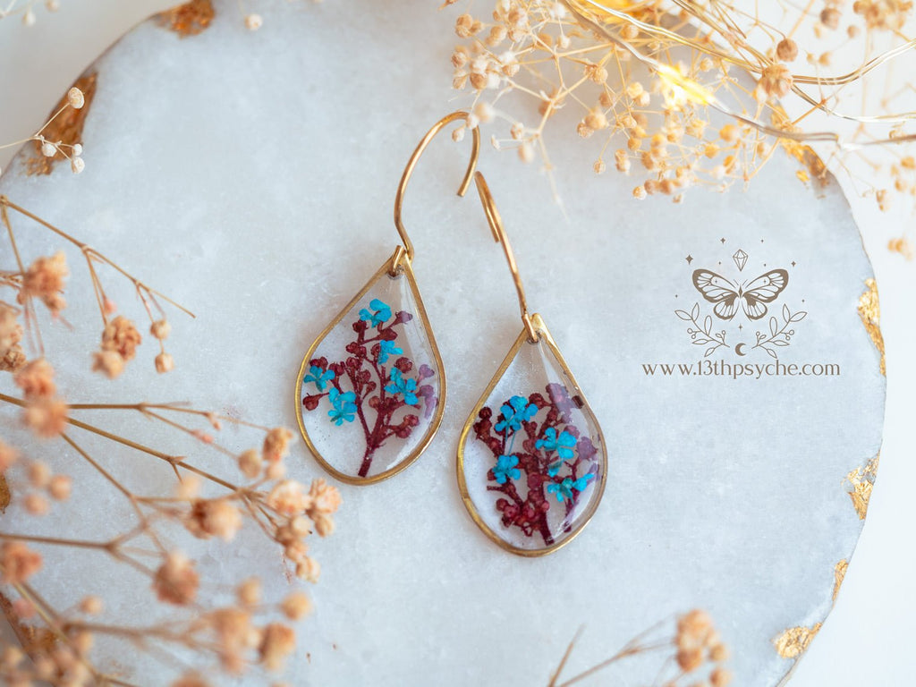 Handmade Teardrop shape earrings with Real pressed red and blue flowers - 13th Psyche