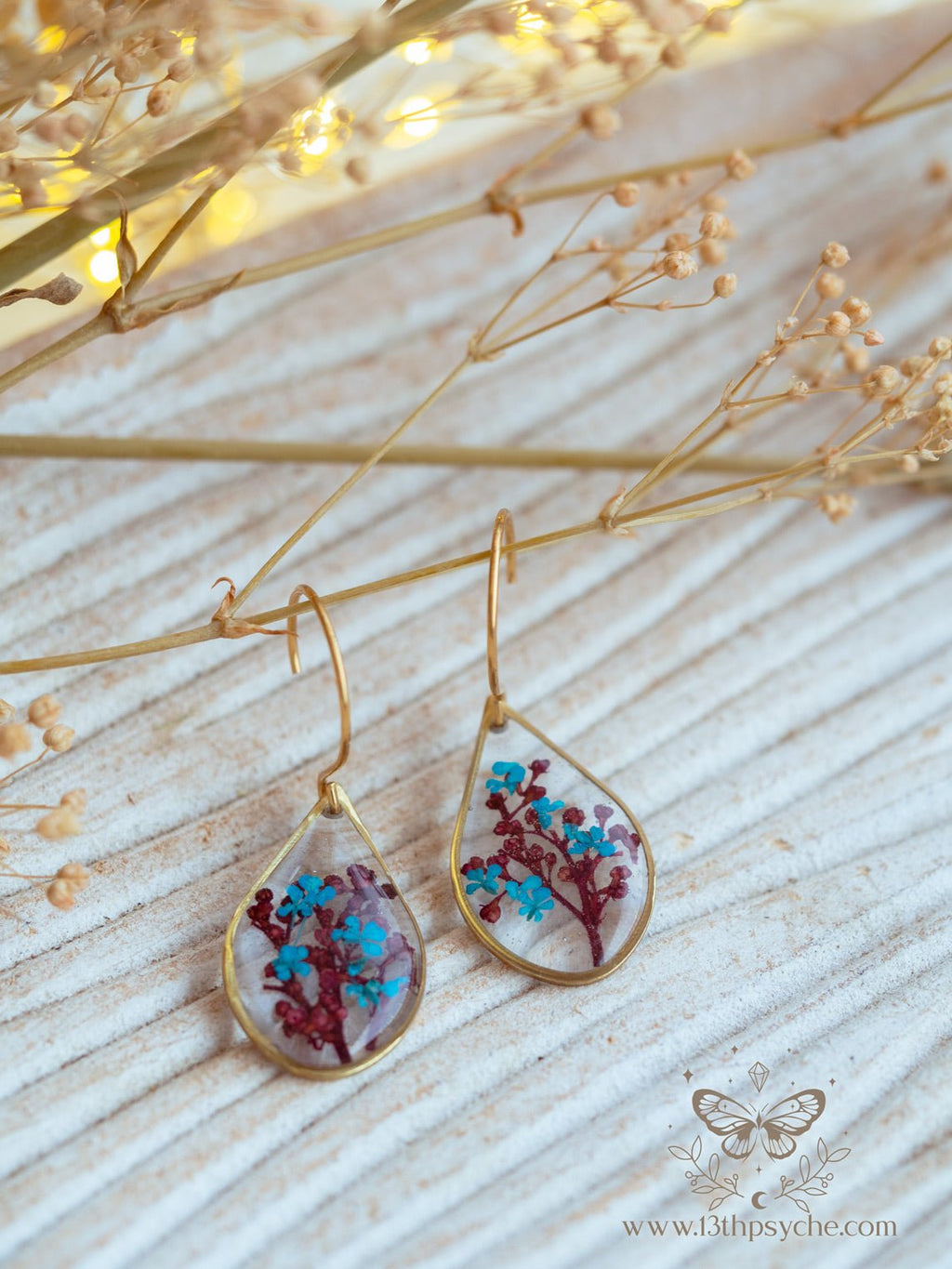 Handmade Teardrop shape earrings with Real pressed red and blue flowers - 13th Psyche