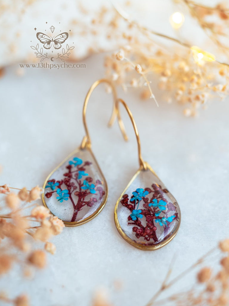 Handmade Teardrop shape earrings with Real pressed red and blue flowers - 13th Psyche