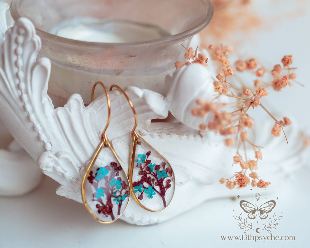 Handmade Teardrop shape earrings with Real pressed red and blue flowers - 13th Psyche