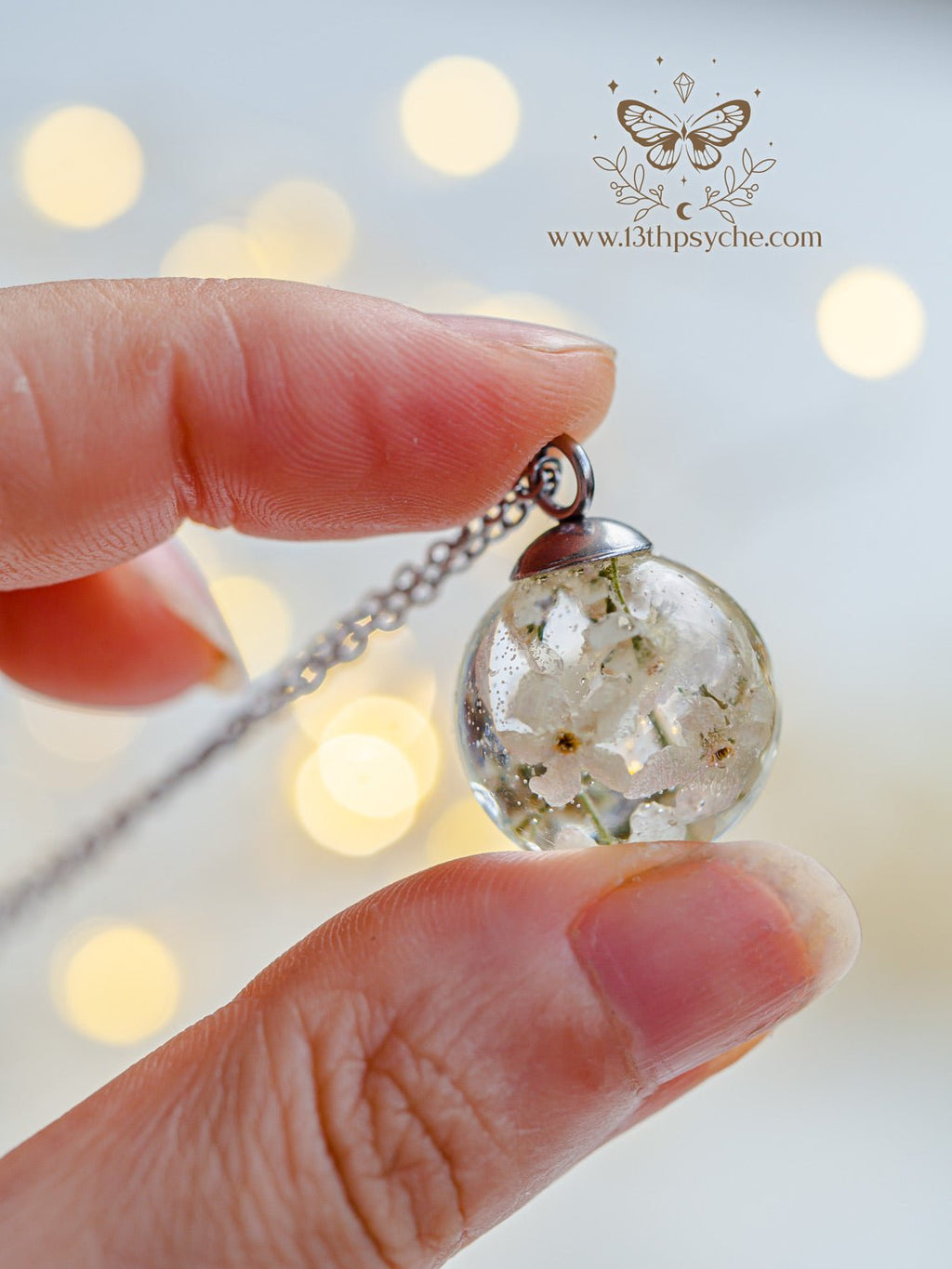 Handmade White forget me not flowers orb pendant necklace - 13th Psyche