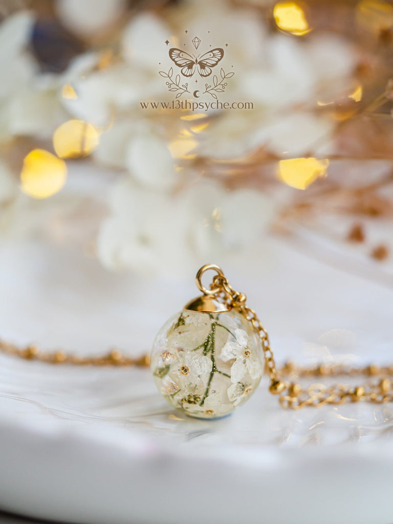 Handmade White forget me not flowers orb pendant necklace - 13th Psyche