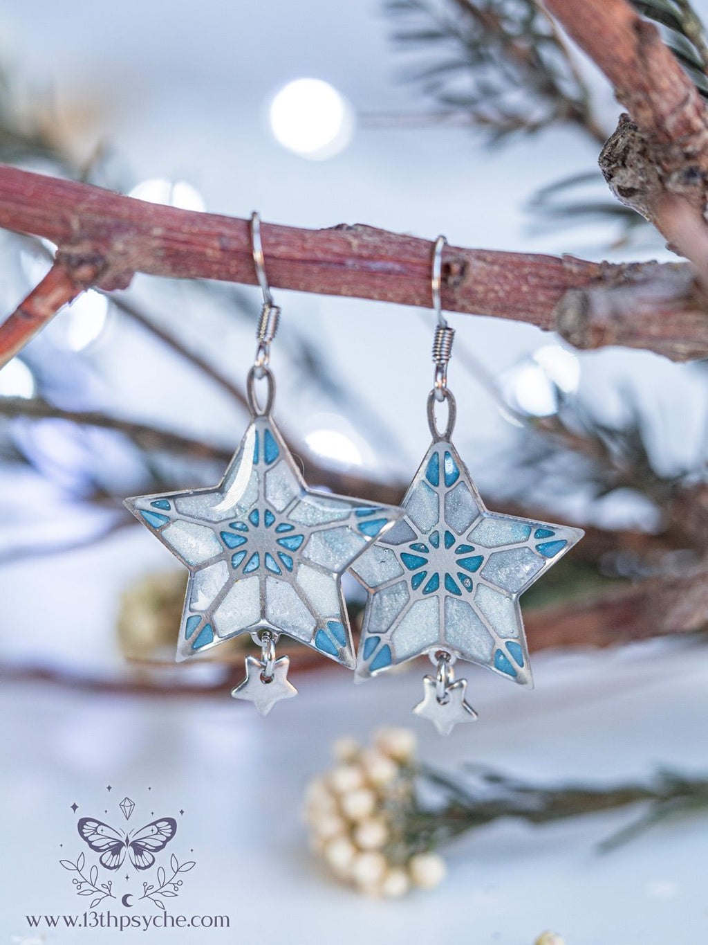 Handmade Winter star earrings, dangle drop earrings - 13th Psyche