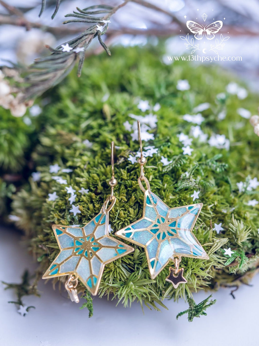 Handmade Winter star earrings, dangle drop earrings - 13th Psyche