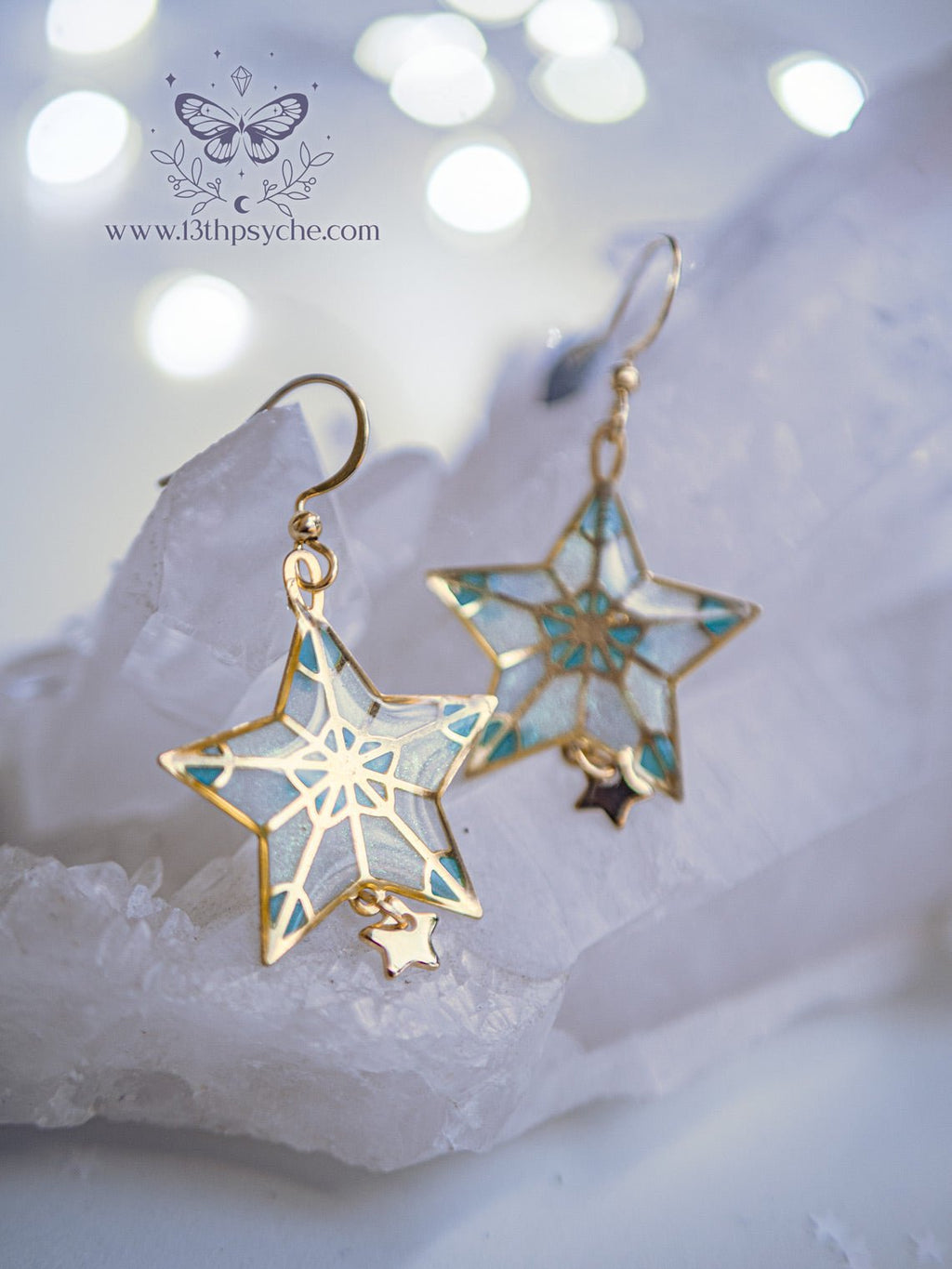 Handmade Winter star earrings, dangle drop earrings - 13th Psyche