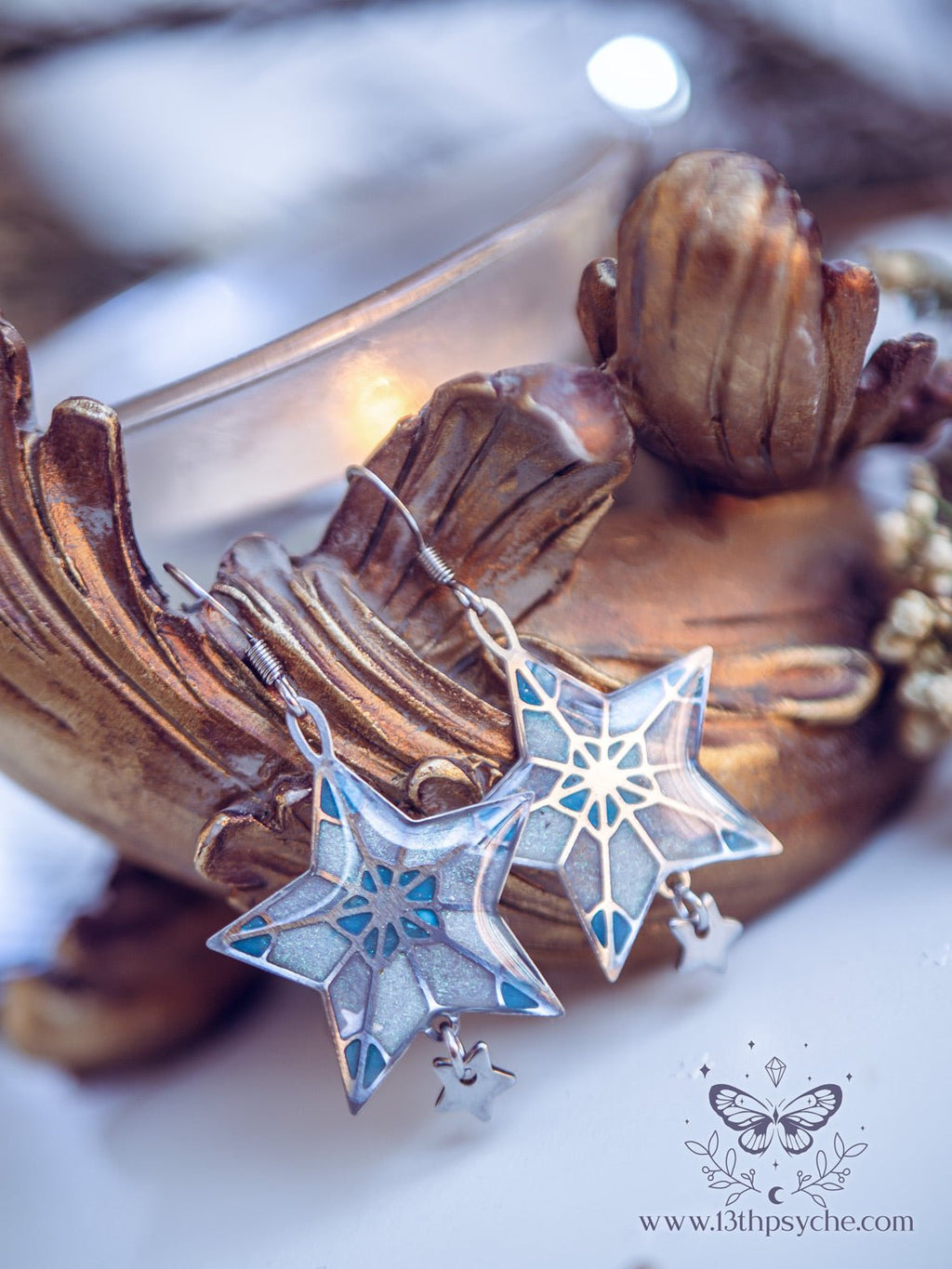 Handmade Winter star earrings, dangle drop earrings - 13th Psyche
