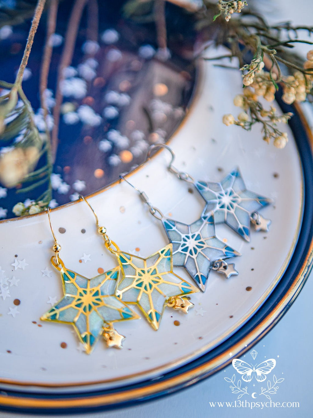 Handmade Winter star earrings, dangle drop earrings - 13th Psyche