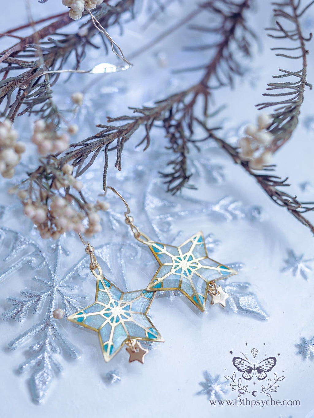 Handmade Winter star earrings, dangle drop earrings - 13th Psyche