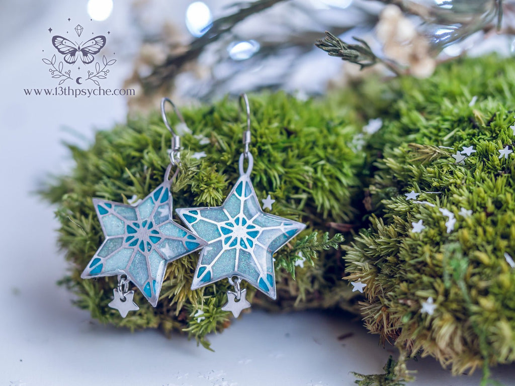 Handmade Winter star earrings, dangle drop earrings - 13th Psyche
